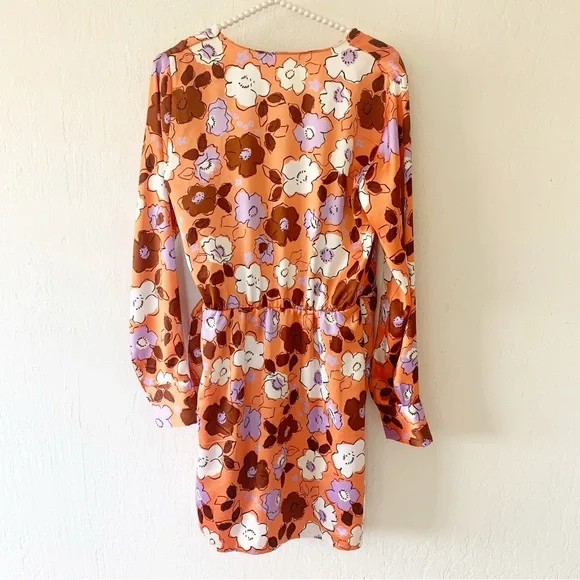Zara Long Sleeve Floral Satin Mini Wrap Dress - Picture 6 of 12